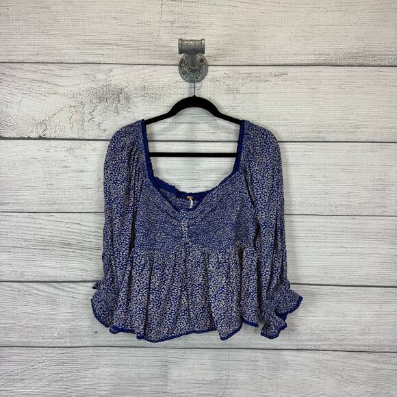 Free People Women's Blue Brittnee Print Smocked Back Peplum Top Size XL - Picture 1 of 8